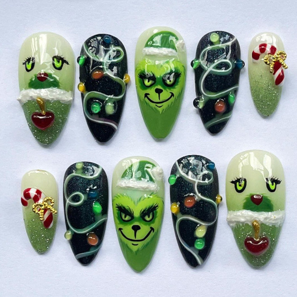 24 Pieces of Christmas Hot-Selling Almond Grinch Wearable Nails Painted with Green Bells and Green-Haired Monster Dot Diamond Manicure Nails
