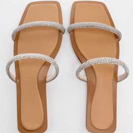 银色水钻一字带拖鞋平底凉鞋女夏款气质外穿百搭拖鞋度假凉拖