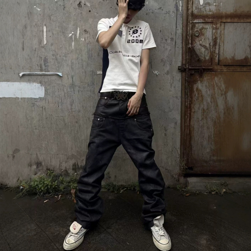 American-Style Double-Waist Patchwork Pu Leather Skinny Frayed Distressed Slim-Fit Jeans Unisex Street Style Stacked Floor-Length Pants American-Style Double-Waist Patchwork Pu Leather Skinny Frayed Distressed Slim-Fit Jeans Unisex Street Style Stacked Floor-Length Pants