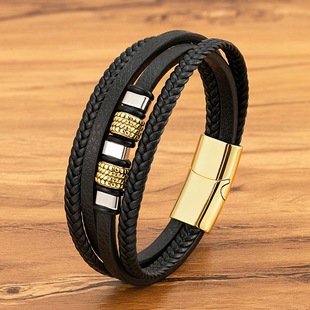 Multi-layer braided rope leather bracelet stainless steel men's bracelet AliExpress foreign trade popular genuine leather simple bracelet