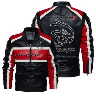 Contrast color racing style leather jacket spring and autumn thin not fleece-lined apilia casual coat printed Pu jacket
