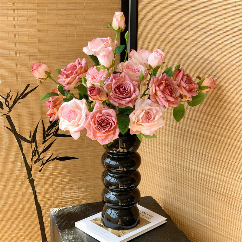 French Oil Painting Burnt Edge 3-Headed Rose Artificial Flower Dried Flower Fake Flower Bouquet Decoration Living Room Decoration Photo Props