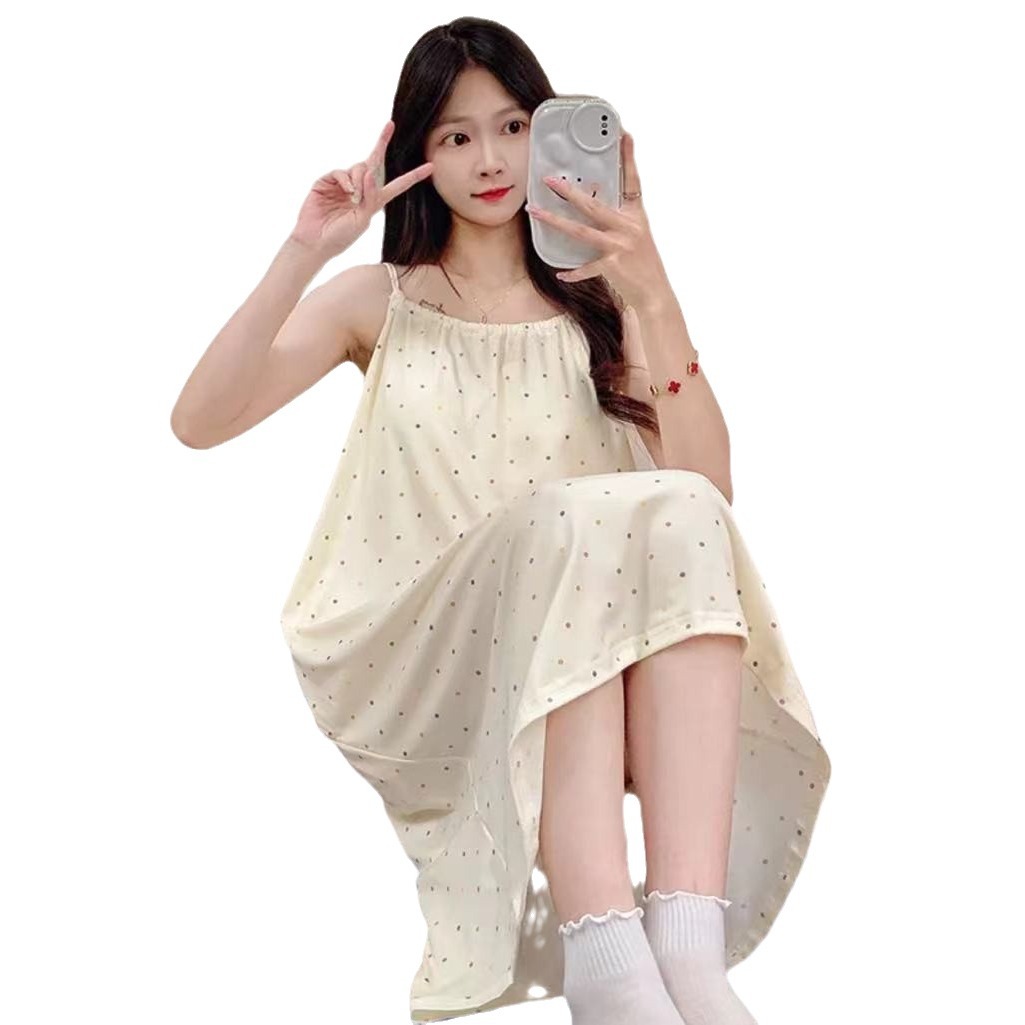 Bonita vestido de pijama de punto de onda para mujeres simple dulce verano nuevo con cojín de pecho pijama casero vestido largo estudiante comercio exterior al por mayor