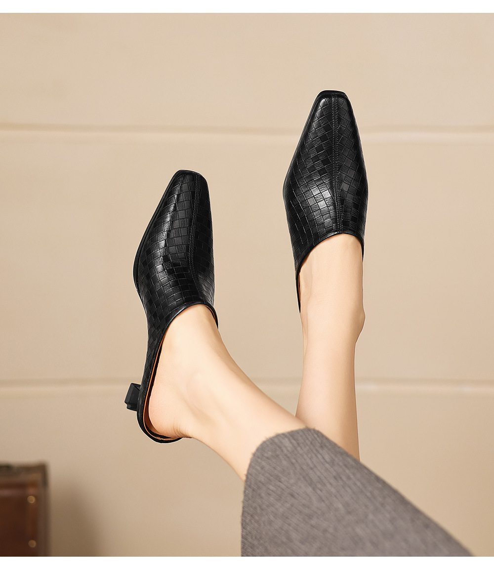 Sandal nữ bít mũi gót thô 5 cm, da bò đơn giản mùa xuân hè — đen chi tiết 12