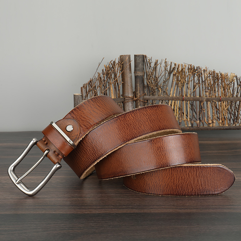 Herren-Vintage-Gürtel aus reinem Rindsleder, einlagig, schlicht, lässig, Nadelverschluss, echtes Ledergürtel, Jeansgürtel für Jugendliche und Studenten