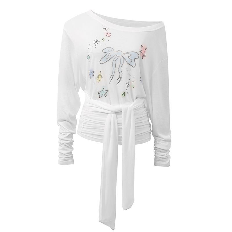 オリジナルの韓国式の斜め肩のストラップのプリントの日焼け止めの修身の長袖のtシャツの上着の女性|undefined