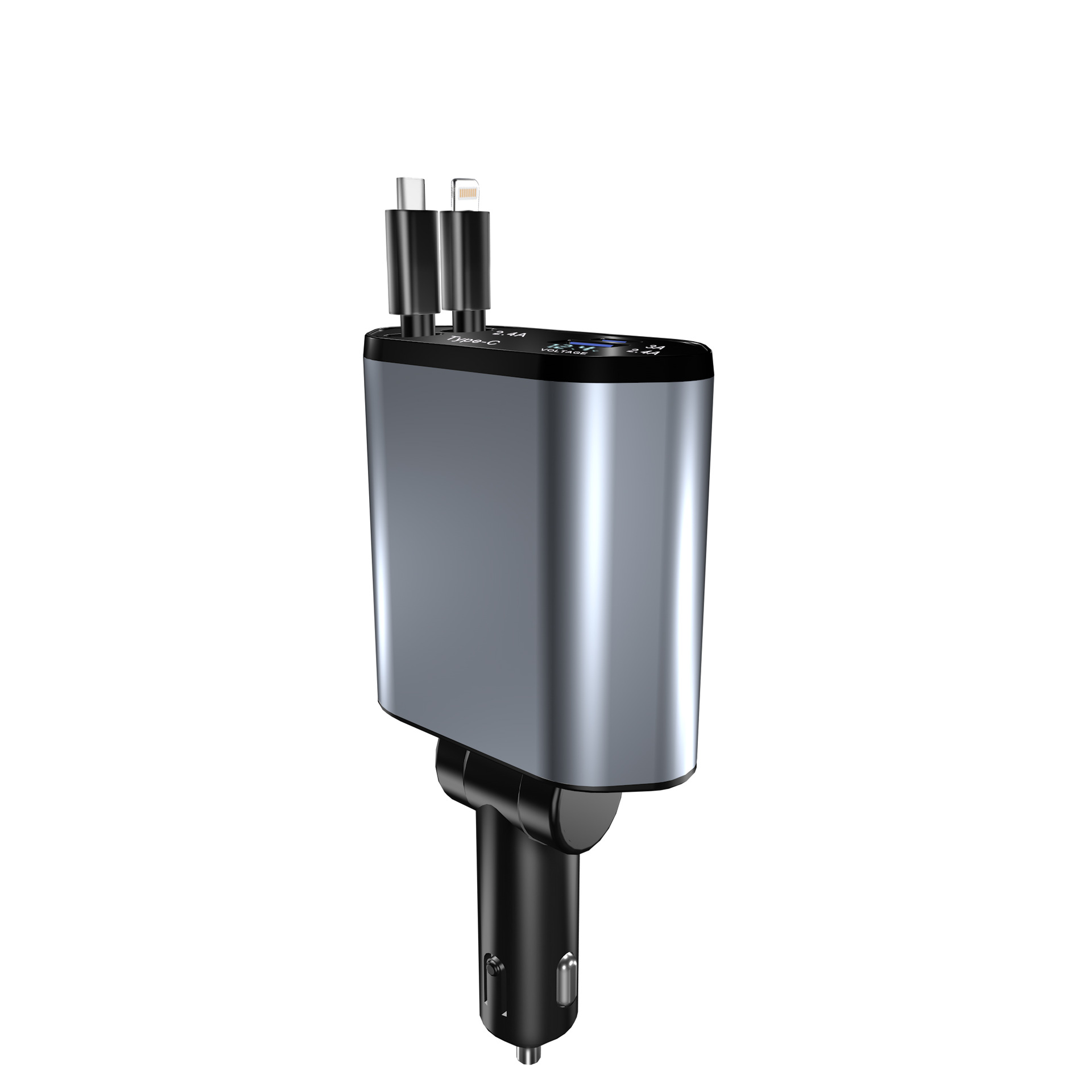 Cargador de automóviles de comercio exterior 120W cable telescópico de carga rápida cuatro en uno USB + conector de carga de automóviles tipo C