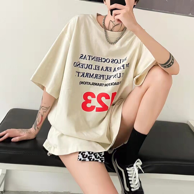 RRR123 digital Knight letter print retro distressed short sleeve High Street American casual men's and women's loose T-shirt