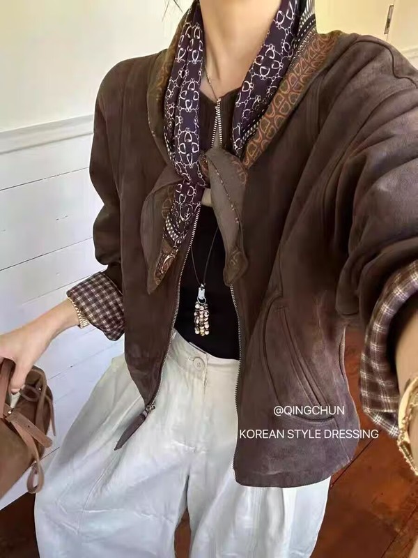 高端韩系设计感圆领袖口拼接鹿皮绒外套女25早秋季新款时尚百搭上|undefined