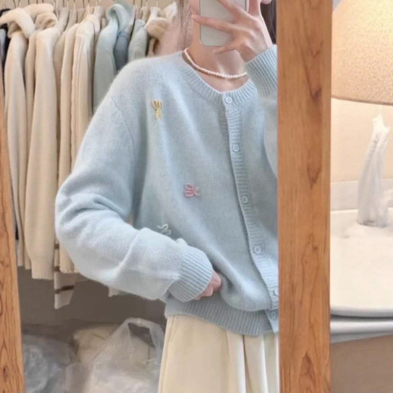 韩版软糯蓝色针织开衫毛衣外套女2025秋冬新款外穿宽松浣熊绒上衣|undefined