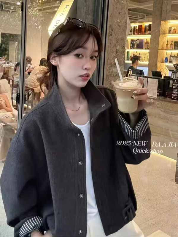 韩版毛呢立领长袖显瘦外套女2025秋季新款时尚百搭腰带夹克上衣|undefined