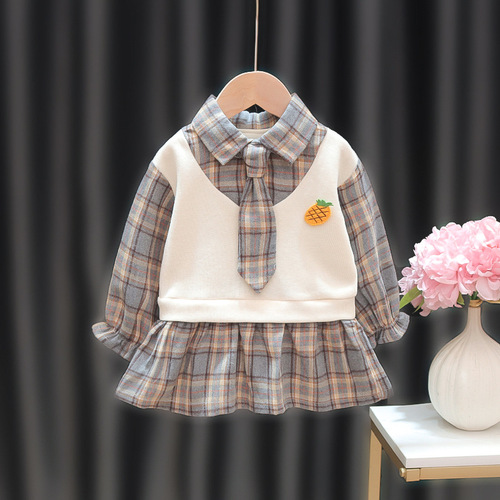 A girl's spring and autumn long-sleeved grid dress, dropshipping, for little babies, children's college-style dress, princess two-piece style