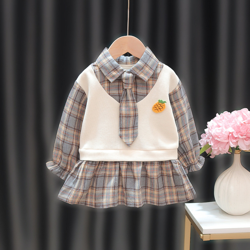 Girls Spring and Autumn long sleeve plaid dress a generation of baby children's clothing academic style skirt Princess fake Two Girls Spring and Autumn long sleeve plaid dress a generation of baby children's clothing academic style skirt Princess fake Two