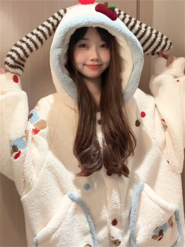 【现货】卡通腊肠狗大码珊瑚绒睡袍浴袍女冬款加厚加厚家居服睡衣|undefined