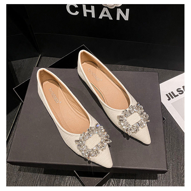 Giày búp bê nữ mũi nhọn gót thấp đính đá phối nơ, kiểu Pháp thanh lịch — Màu hồng, Màu mơ, Màu đen chi tiết 34