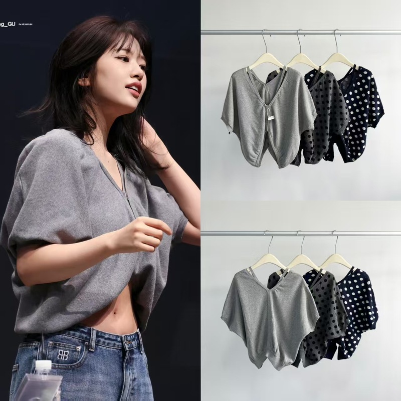 韩国小众  安宥真 EllaGross同款 泡泡袖波点露脐针织开衫女|undefined