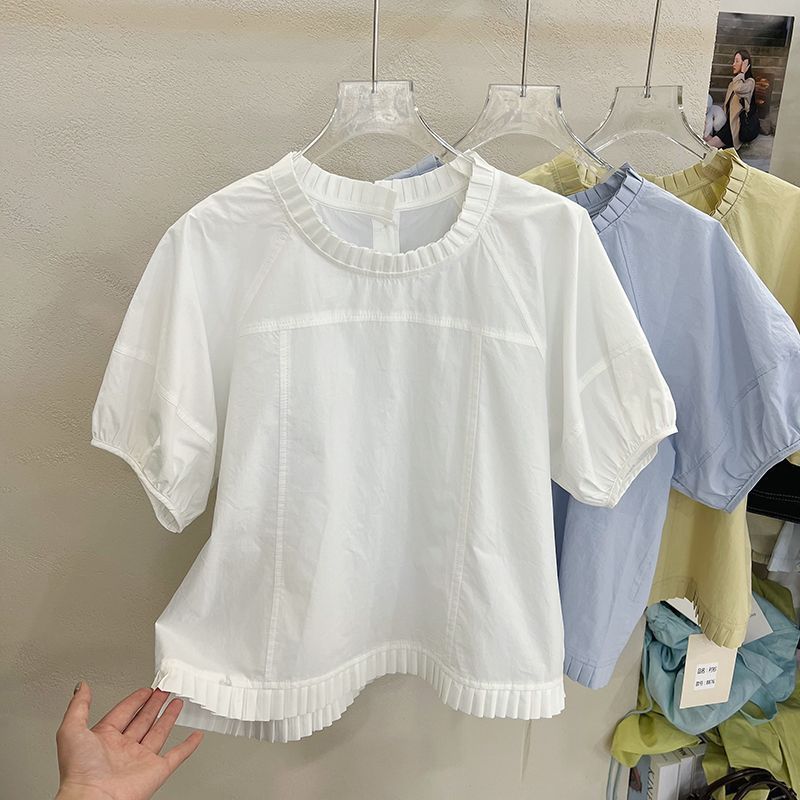 减龄圆领边短袖小衫女2025夏季新款后背扣设计感衬衫别致上衣|undefined