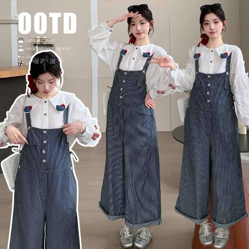 2026 Autumn/Winter Maternity Outfit Korean Style Cute Doll Shirt + Striped Denim Overalls Two-Piece Set 2026 Autumn/Winter Maternity Outfit Korean Style Cute Doll Shirt + Striped Denim Overalls Two-Piece Set
