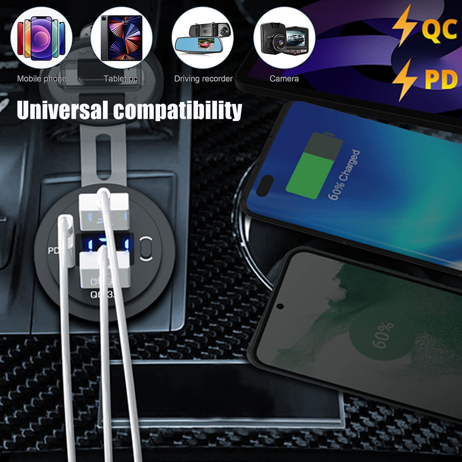 Car Charger with Fast Charging, Dual Usb, Button Control, Mobile Phone Charger, Dual USB Charging Dock