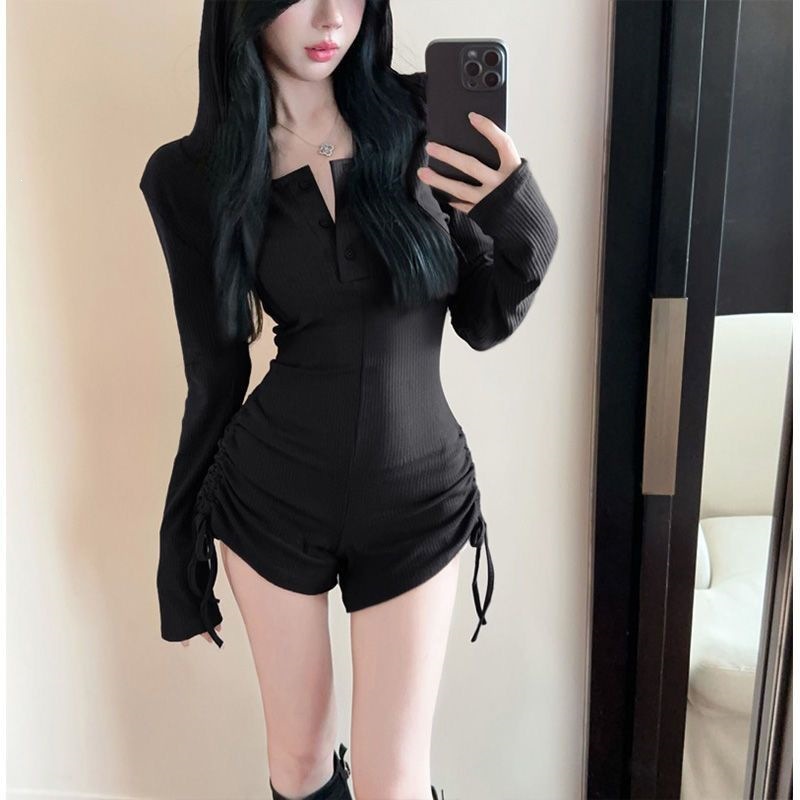 DY803 American-style sexy hooded casual jumpsuit for women, slimming, suitable for outerwear, gym wear, tight high-waisted long-sleeved top