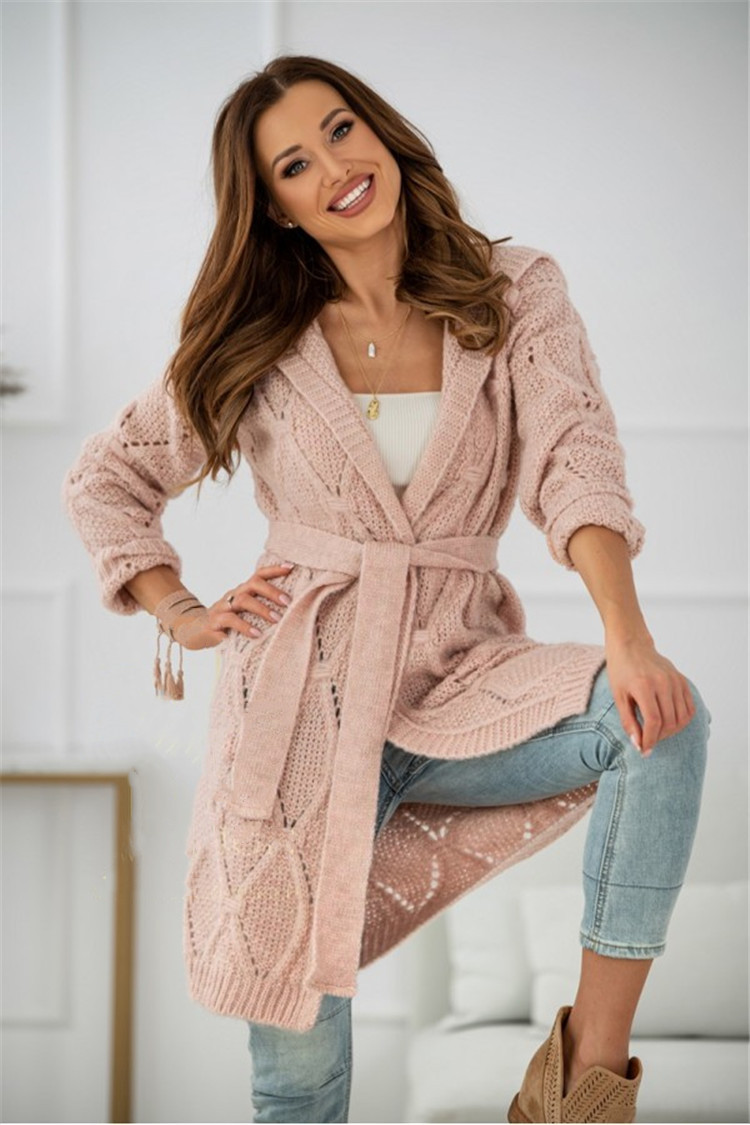 2024 neuer gestrickter Kapuzenpullover mit langen Ärmeln, lässige Strickjacke, Pulloverjacke in Übergröße, Taillengürtel für Damen, 8 Farben_voghion.com