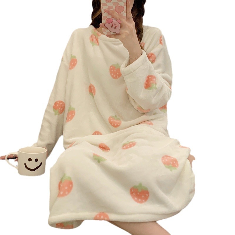 El otoño y el Invierno de las nuevas mujeres camisón espesado caliente MIDI vestido dibujos animados a cuadros franela Home wear en línea transmisión en vivo