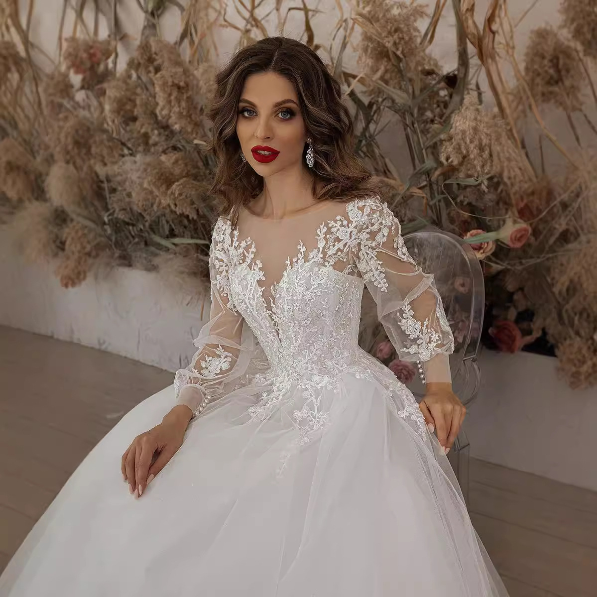 Personalizada Europa y los Estados Unidos comercio exterior vestido de boda nuevo encaje ligero gaze sexy burbuja fragancia vestido de boda de manga larga mujer image 3
