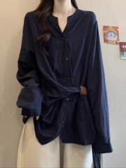 法式藏青色长袖衬衫女秋季2025新款大码胖mm收腰遮肉衬衣上衣百搭
