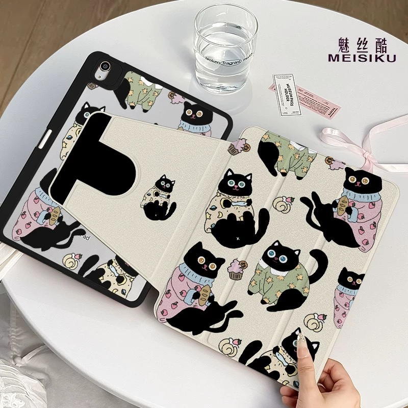 720°三折款ipad保护套 带笔槽三折支架可旋转 可爱黑猫 一件代发|undefined