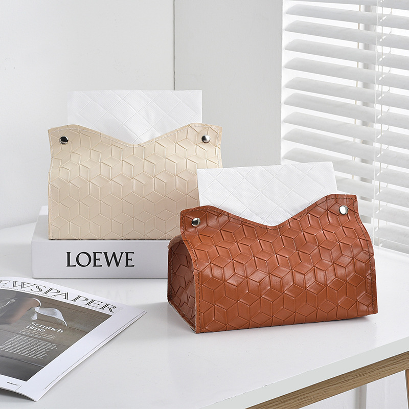 Woven Leather Geometrically Embossed Textured Tissue Box Ins Nordic Living Room Coffee Table Creative Tissue Cover Simple Drawdown Paper