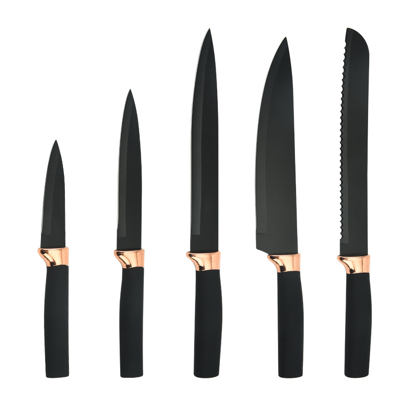 Cuchillos de acero inoxidable de cocina de punto de comercio exterior juego completo de cuchillos de cabezal de galvanoplastia de oro rosa, mango recto de hoja negra, succión de doble cara