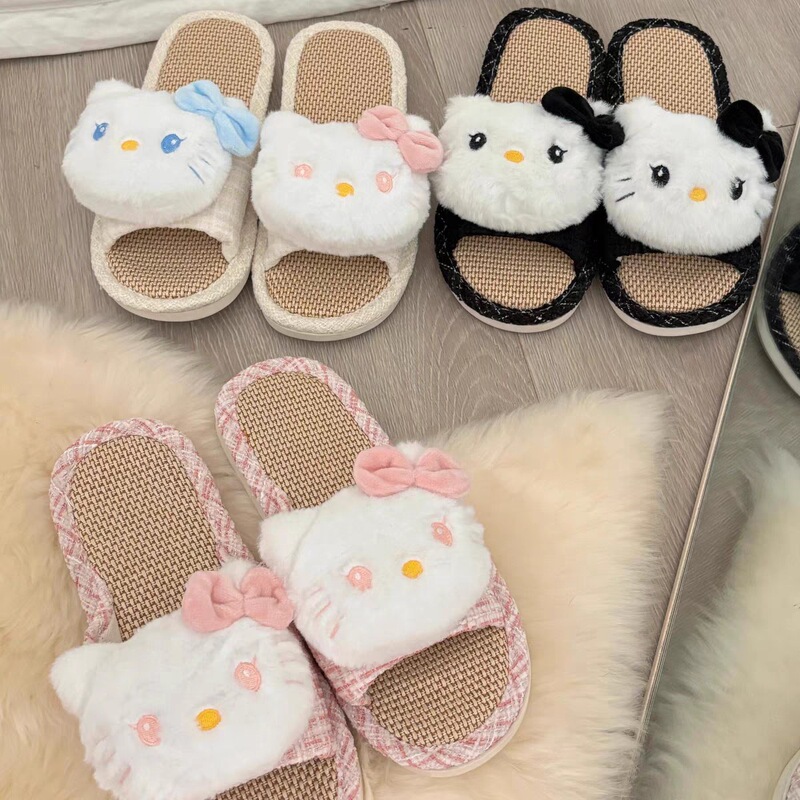 Japanese-style cute linen kitty fabric slippers for home use, breathable, sweat-absorbent, non-slip, with a comfortable feel Japanese-style cute linen kitty fabric slippers for home use, breathable, sweat-absorbent, non-slip, with a comfortable feel