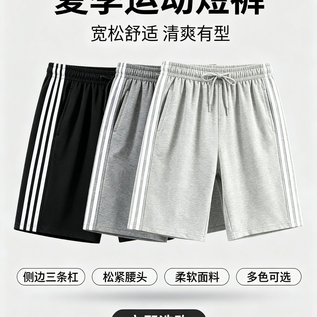 Men's three-stripe shorts, summer sports casual shorts, quick-drying loose striped pants, men's shorts.