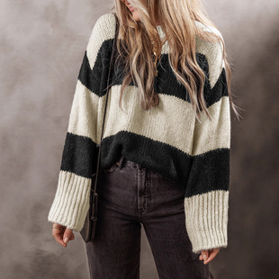 2025 New Autum Pullover Round Neck Long-Sleeved Sweater for Women European and American Large Size Casual Lazy Style Stripesd Print