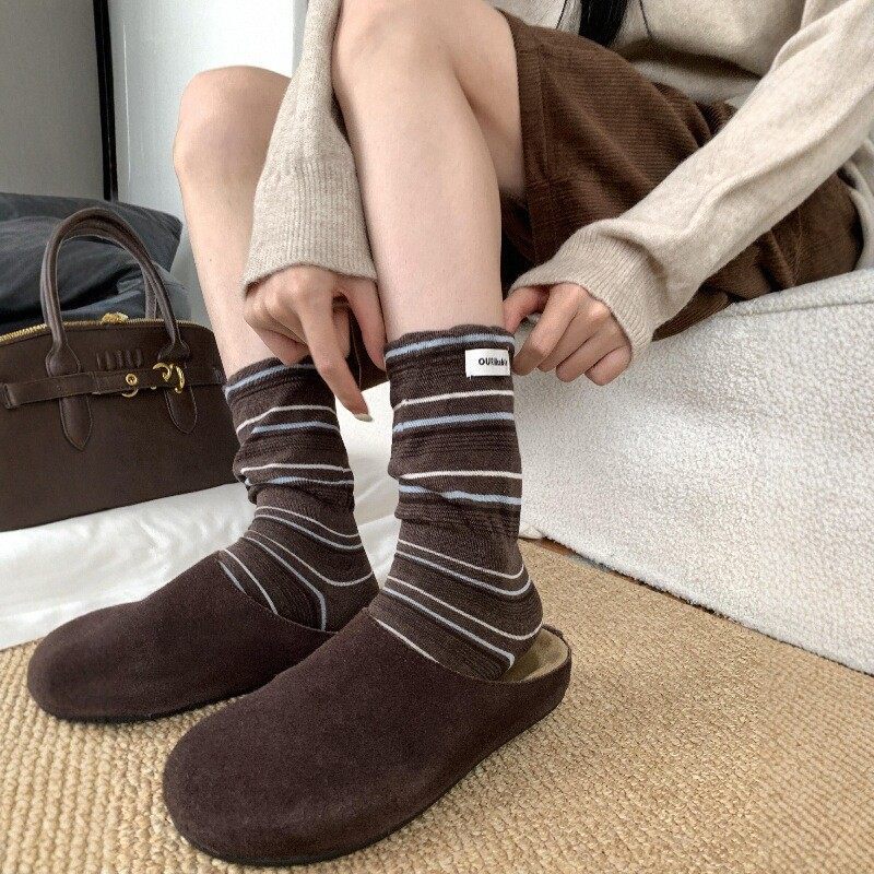 Vintage Striped Slouch Socks for Women, 2025 Autumn New Korean Design, Loose Cuff, Slimming Mid-Calf Socks, Brown Vintage Striped Slouch Socks for Women, 2025 Autumn New Korean Design, Loose Cuff, Slimming Mid-Calf Socks, Brown