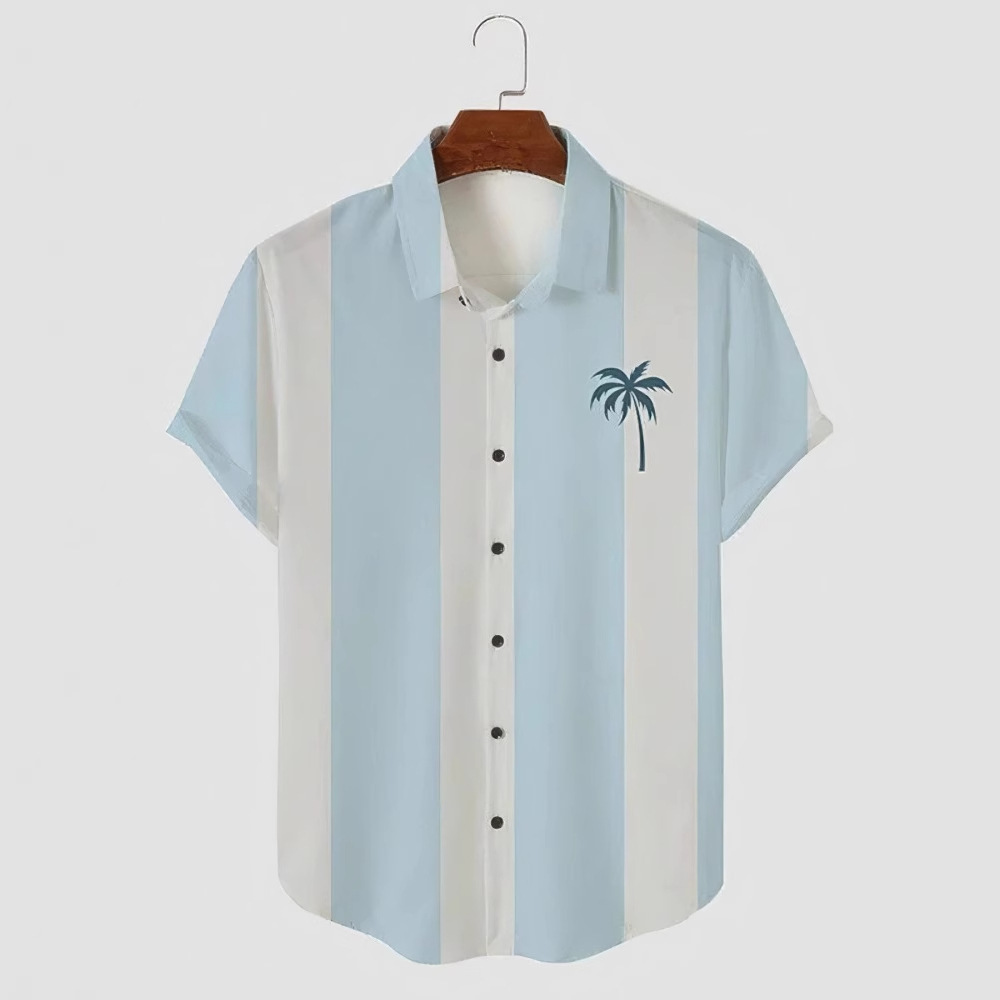 Estación independiente transfronteriza europea y americana nueva camisa para hombre impresión digital 3D Hawaii blusa casual de manga corta a rayas anchas
