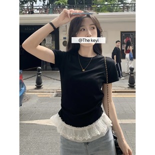 蓬蓬蕾絲花邊拼接正肩短袖t恤女夏季新款設計感獨特修身絕美上衣