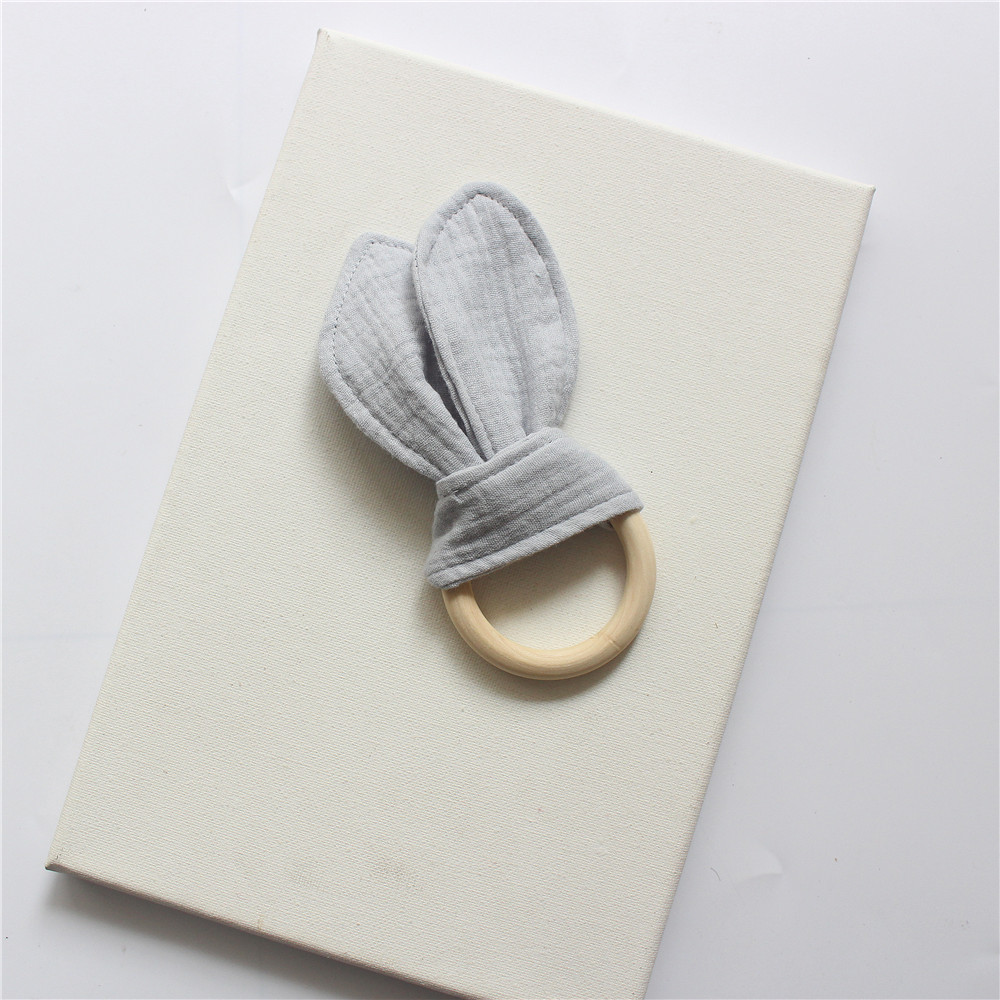 23g Weight Teething biscuits Toys Type 1 Piece Quantity Cloth, Wood Material Solid Color, Bow Knot Pattern Cute Style Cotton Gauze Wooden Teething Ring Baby Hand Grasping Training Toy Cute Solid Color Baby Accessories 3