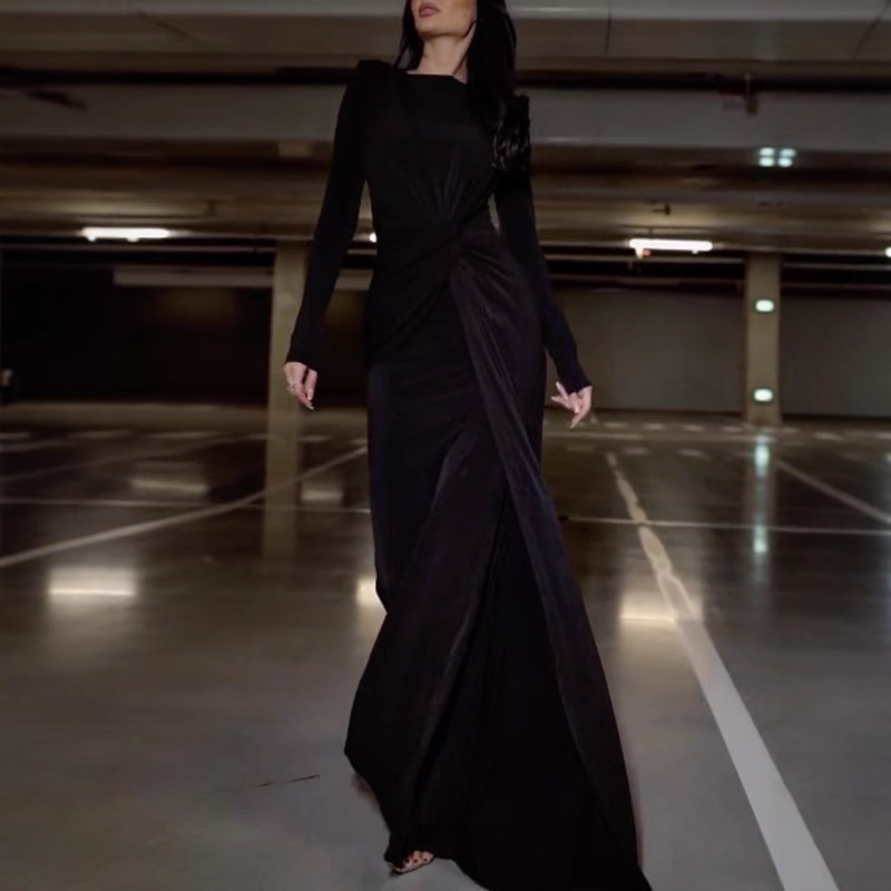 Solid Color Long Sleeve Mermaid Round Neck Evening Dress