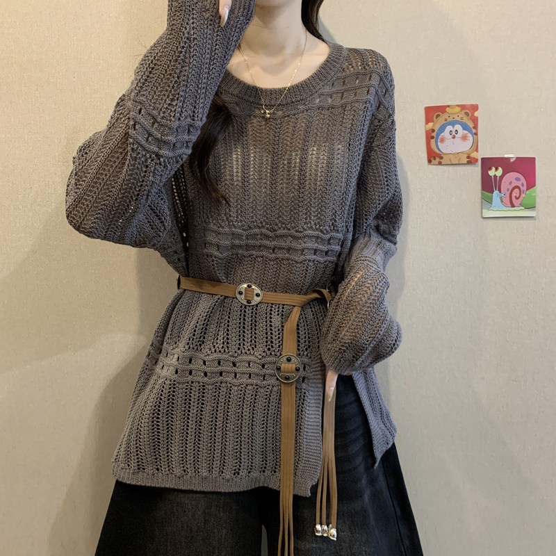 设计感钩花镂空针织衫女早秋新款大码胖mm收腰显瘦中长款罩衫上衣|undefined