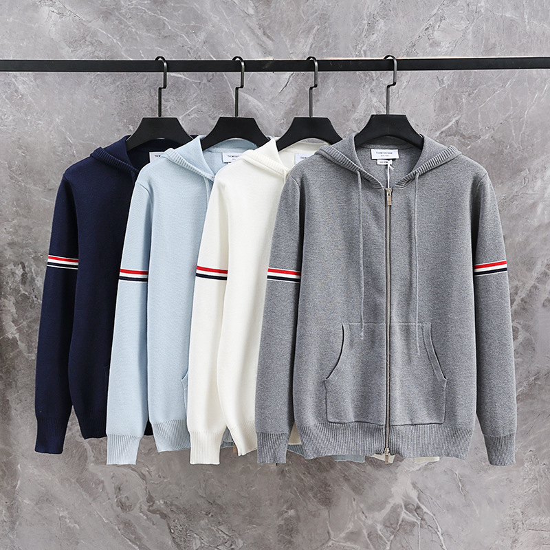 Tb New Double-Sleeved Colorful Striped Wool Hooded Knitted Cardigan Double-Ended Zipper Jacket Trendyy Preppy Style Same Style for Men and Women