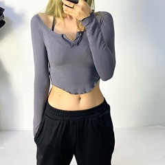 Euro-American Style Sexy Lace-Trimmed Stretch Base Top 2021 Autumn New Arrival Yoga & Fitness Long-Sleeve T-Shirt for Women