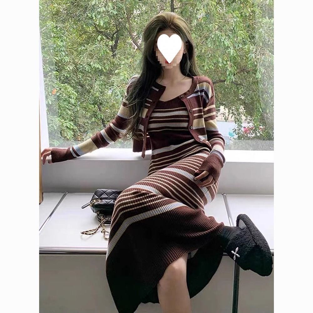 小香风条纹针织吊带连衣裙两件套装2025秋冬季新款修身显瘦气质女