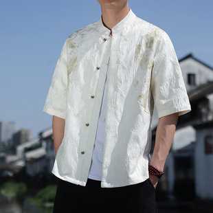 2025夏季新中式男士立领衬衫透气短袖宽松大气铜扣提花撞色衬衣-阿里巴巴