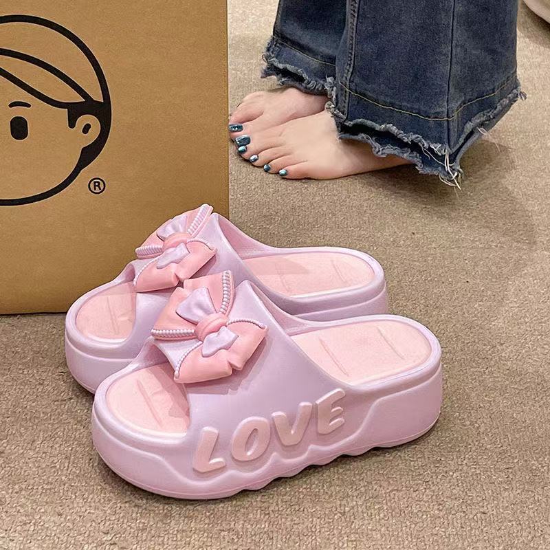 Thick Sole Slippers For Women, Summer Indoor Home Fashion Bowknot Ins Style Height Increasing Cool Slippers, Bathroom Non-Slip Outdoor Wear_vogvips.com