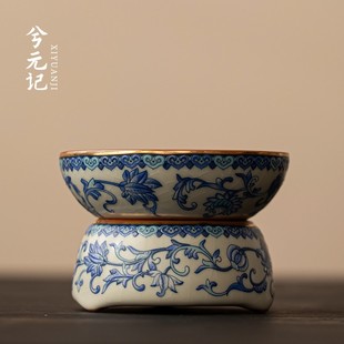 ♤ Blue and White Ru Kiln Tea Strainer and Filter Integrated Tea Leaf Filter for Brewing Tea with Full Floral Gold Enamel Decoration