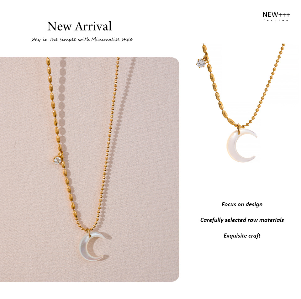 Retro Moon Titanium Steel Inlaid Shell Zircon Necklace 1 Piece