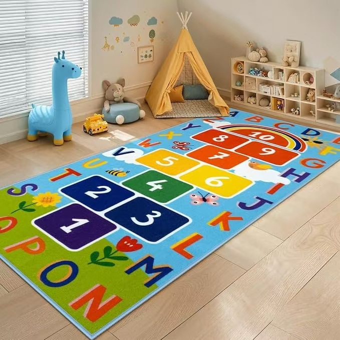 Cartoon Children's Room Jumping Plaid Floor Mat Home Game Smart Carpet Crystal Velvet Wear-Resistant, Dirt-Resistant and Easy-Care Carpet