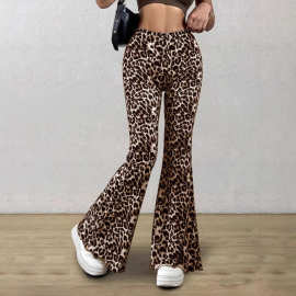 2025春秋新款亚马逊提臀喇叭裤休闲性感针织弹力橡筋豹纹喇叭长裤