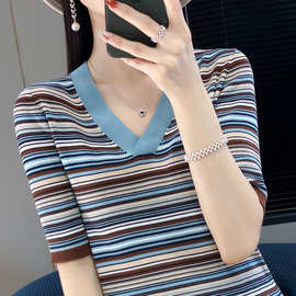 莱赛尔短袖t恤女条纹中袖针织衫2023夏季新款女装v领冰丝体恤半袖